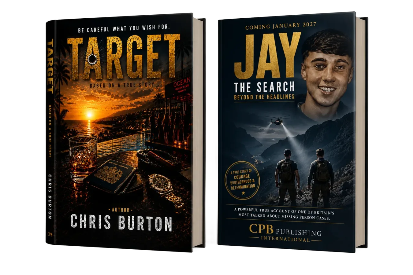 The hardback covers of Target and Jay: The Search Beyond the Headlines by Chris Burton.